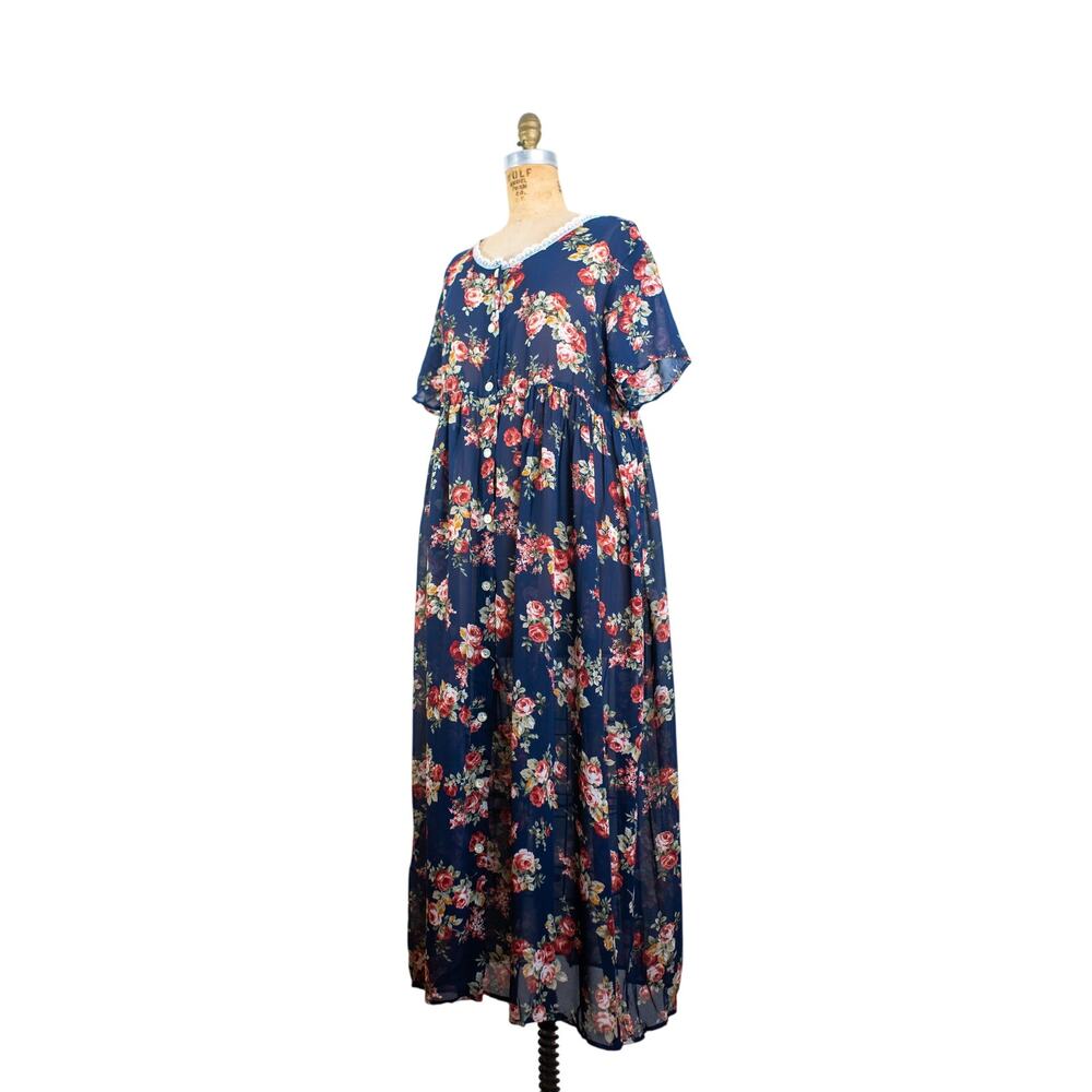 Vintage 90s Sheer Floral Maxi Dress, Dark Romantic Roses, Cottage Boho Dress, LG